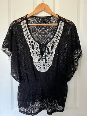 Black Lace Tunic Top with White Crochet Trim - Bellissima
